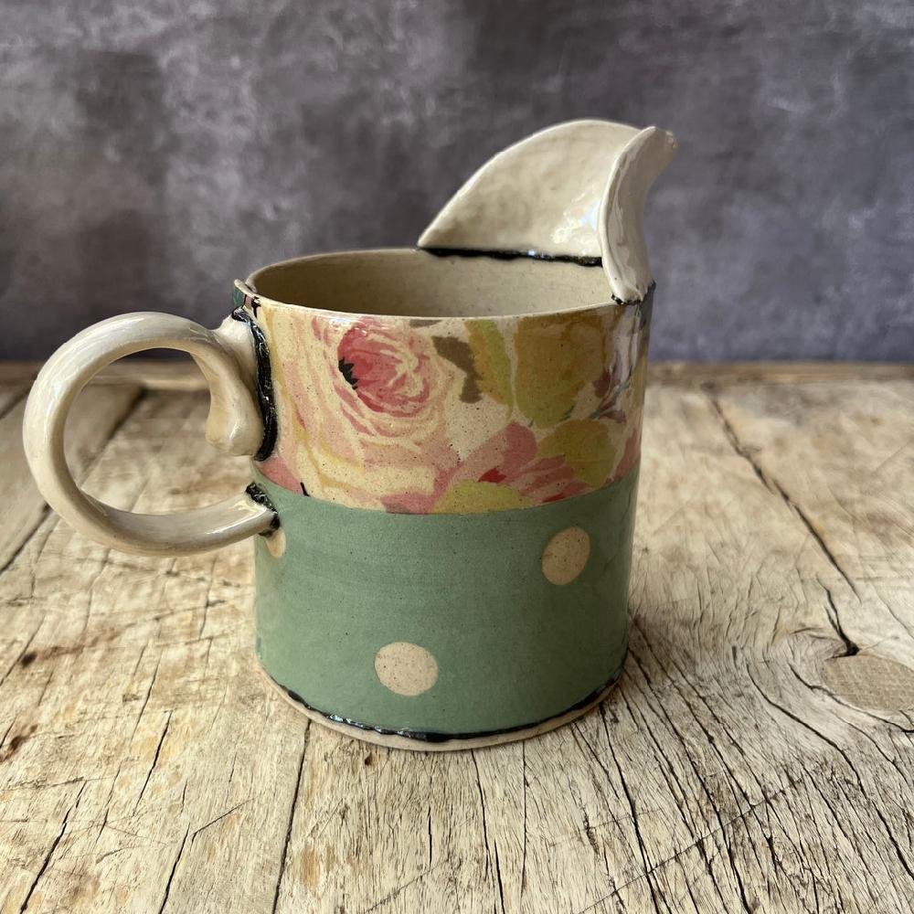 Greige Medium Handmade Ceramic Jug By Virginia Graham - Floral With Stripes Or Spots