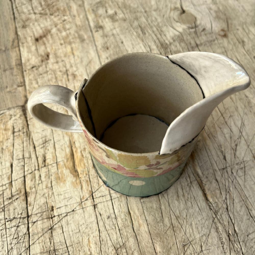 Greige Medium Handmade Ceramic Jug By Virginia Graham - Floral With Stripes Or Spots