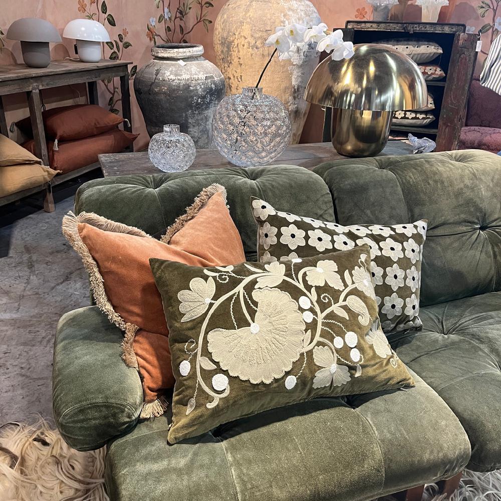 Greige Moss Green Sabina Cushion - Cotton Velvet & Linen - Olsson & Jensen