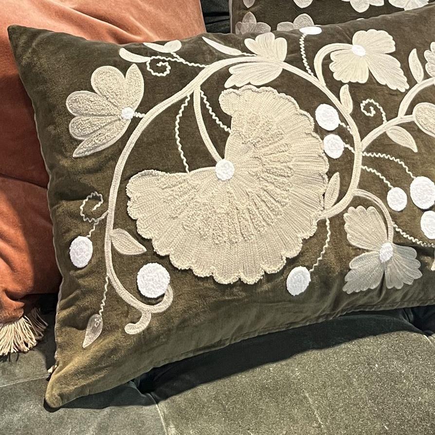 greige Moss Green Sabina Cushion - Cotton Velvet & Linen - Olsson & Jensen