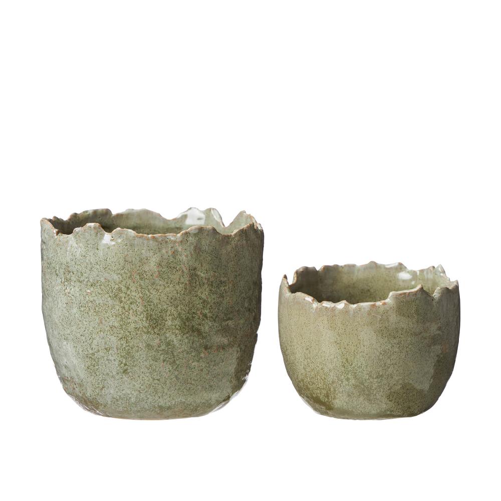 Greige Mottled Green Organic Rimmed Flower Pot - Two Size Options