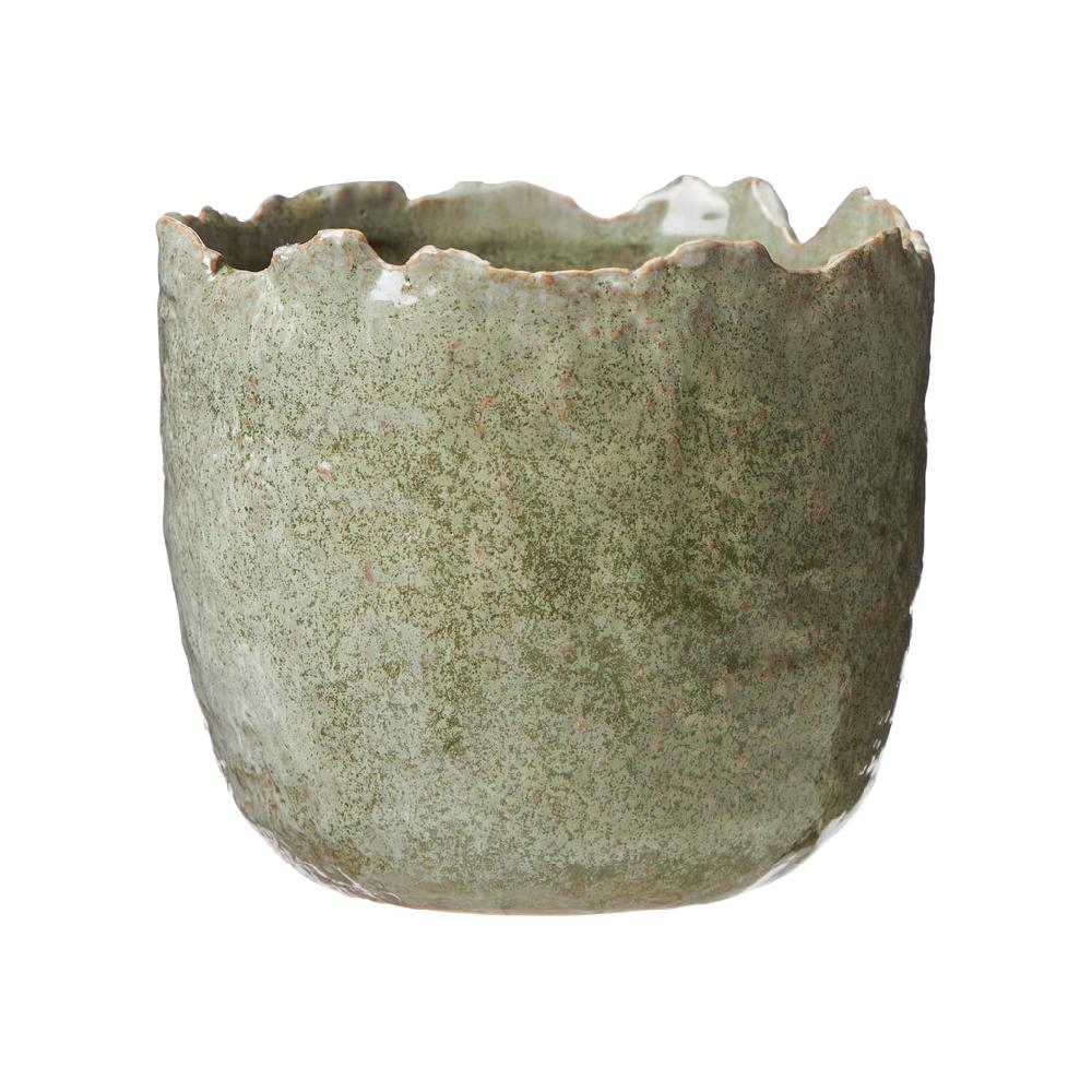 Greige Mottled Green Organic Rimmed Flower Pot - Two Size Options