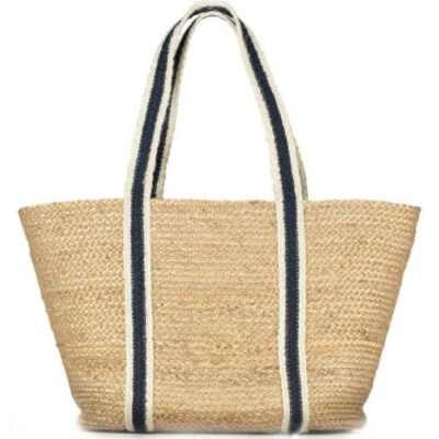 greige Navy Stripe Long Handle Raw Jute Tote Bag - Braided Rug Company
