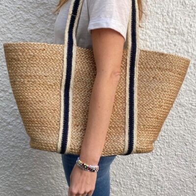 Greige Navy Stripe Long Handle Raw Jute Tote Bag - Braided Rug Company
