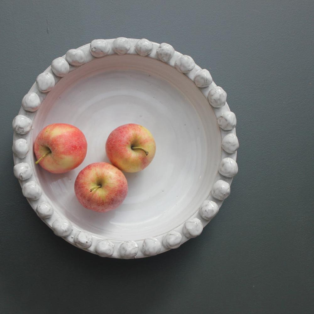 greige Off-White Shallow Ceramic Bowl with Bobbles on Rim - Two Sizes