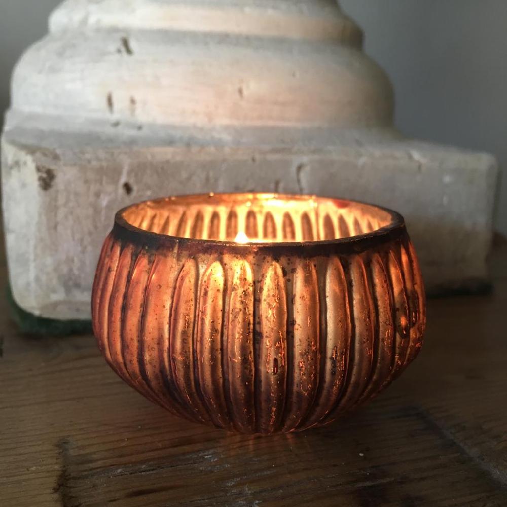 Greige Old Gold Ribbed Glass Tealight Holder - Three Sizes