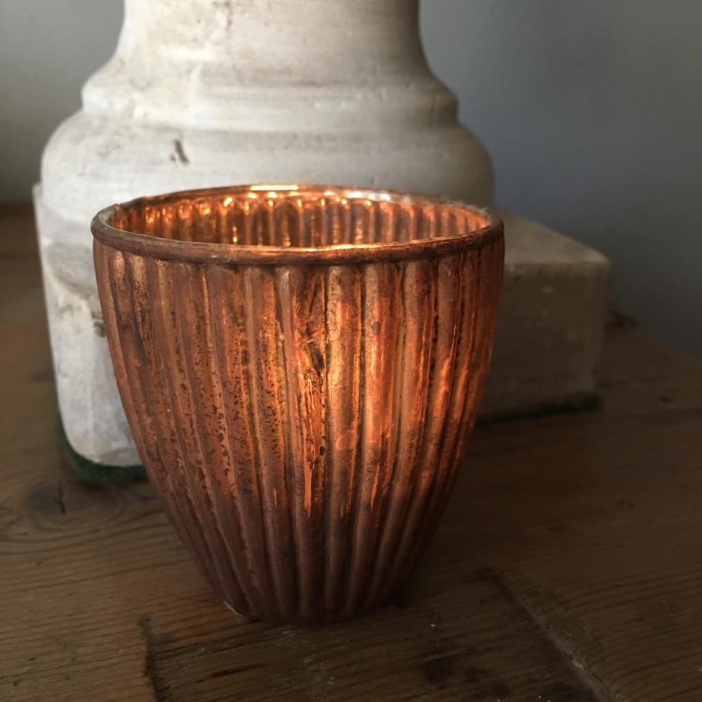 Greige Old Gold Ribbed Glass Tealight Holder - Three Sizes