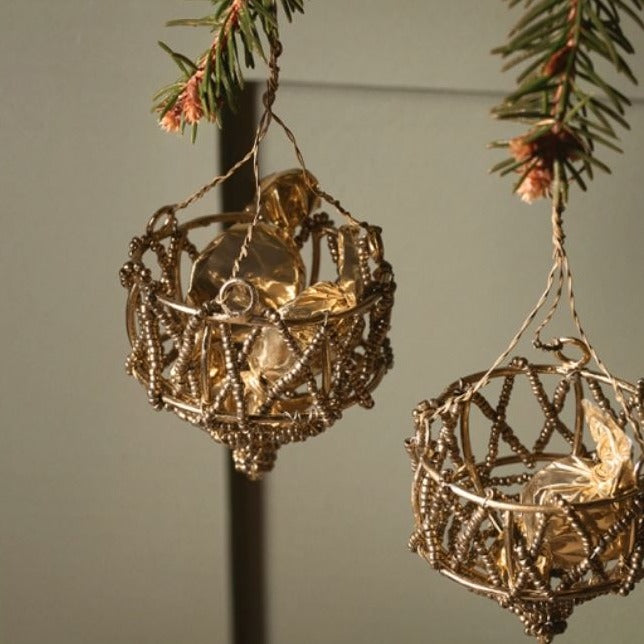 Greige Open Basket Style Brass Wire Baubles - Set Of Three