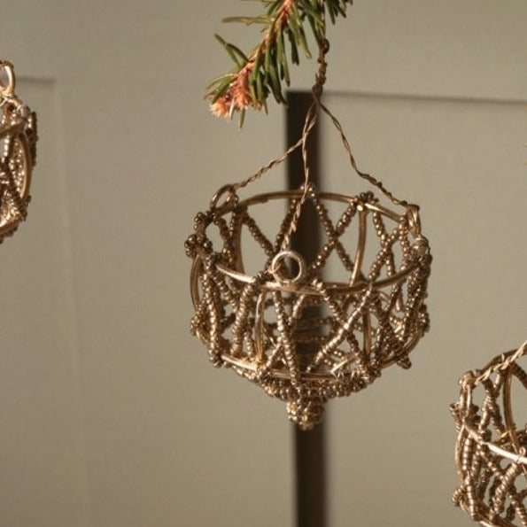 Greige Open Basket Style Brass Wire Baubles - Set Of Three