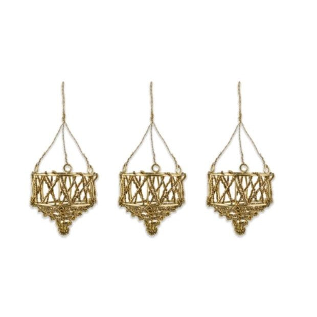 Greige Open Basket Style Brass Wire Baubles - Set Of Three