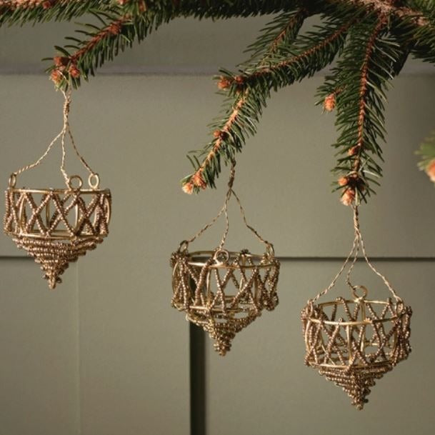 greige Open Basket Style Brass Wire Baubles - Set of Three