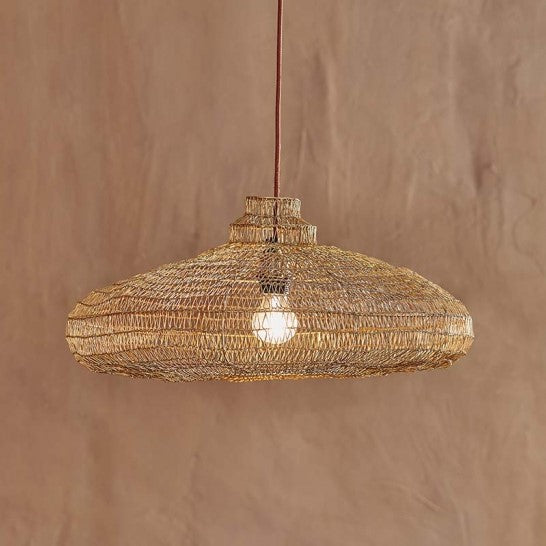 greige Organic Oval Shape Wire Lamp Shade - Antique Brass