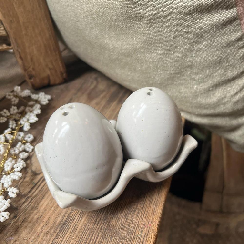greige Porcelain Egg Box with Egg Salt and Pepper Shakers