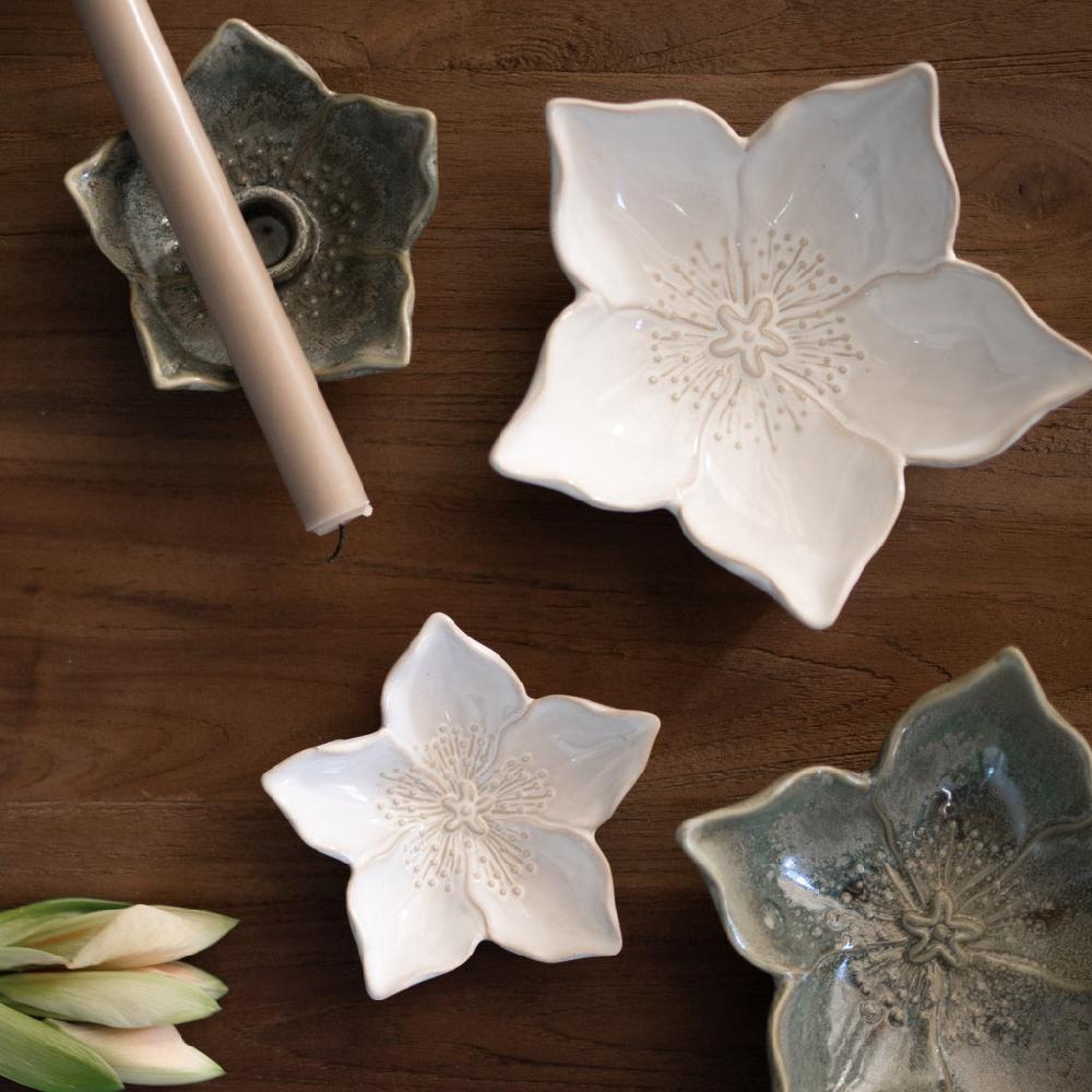 greige Porcelain Flower Candle Holder - Green or Off-White