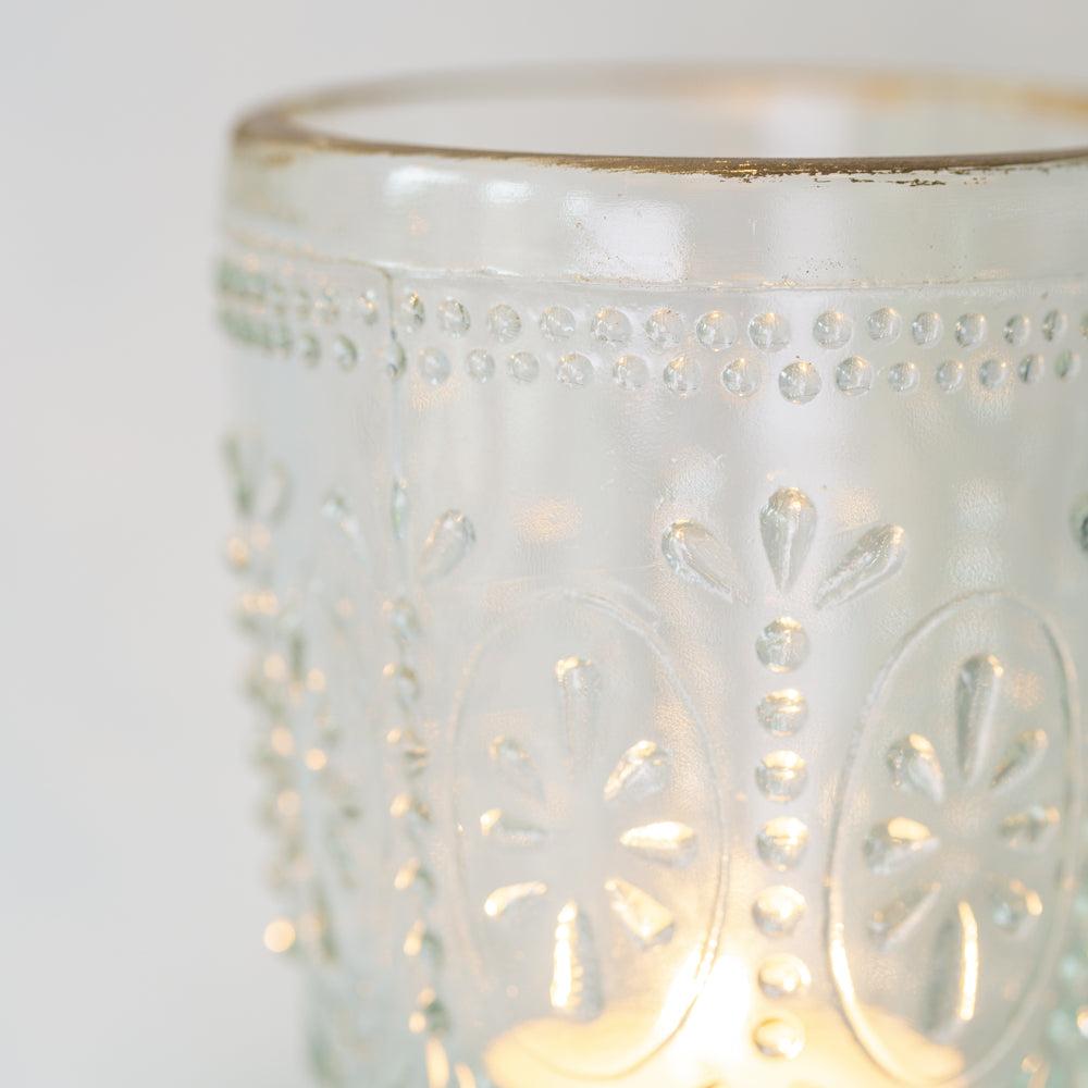 Greige Pressed Glass Tealight Holder With Gold Rim - Flower