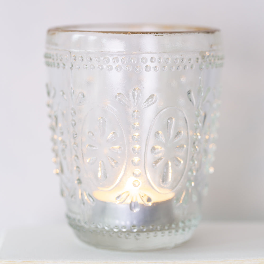 Greige Pressed Glass Tealight Holder With Gold Rim - Flower