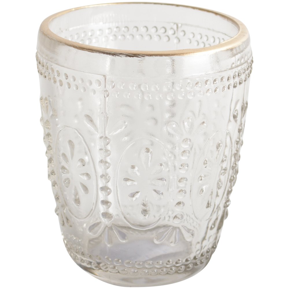 Greige Pressed Glass Tealight Holder With Gold Rim - Flower