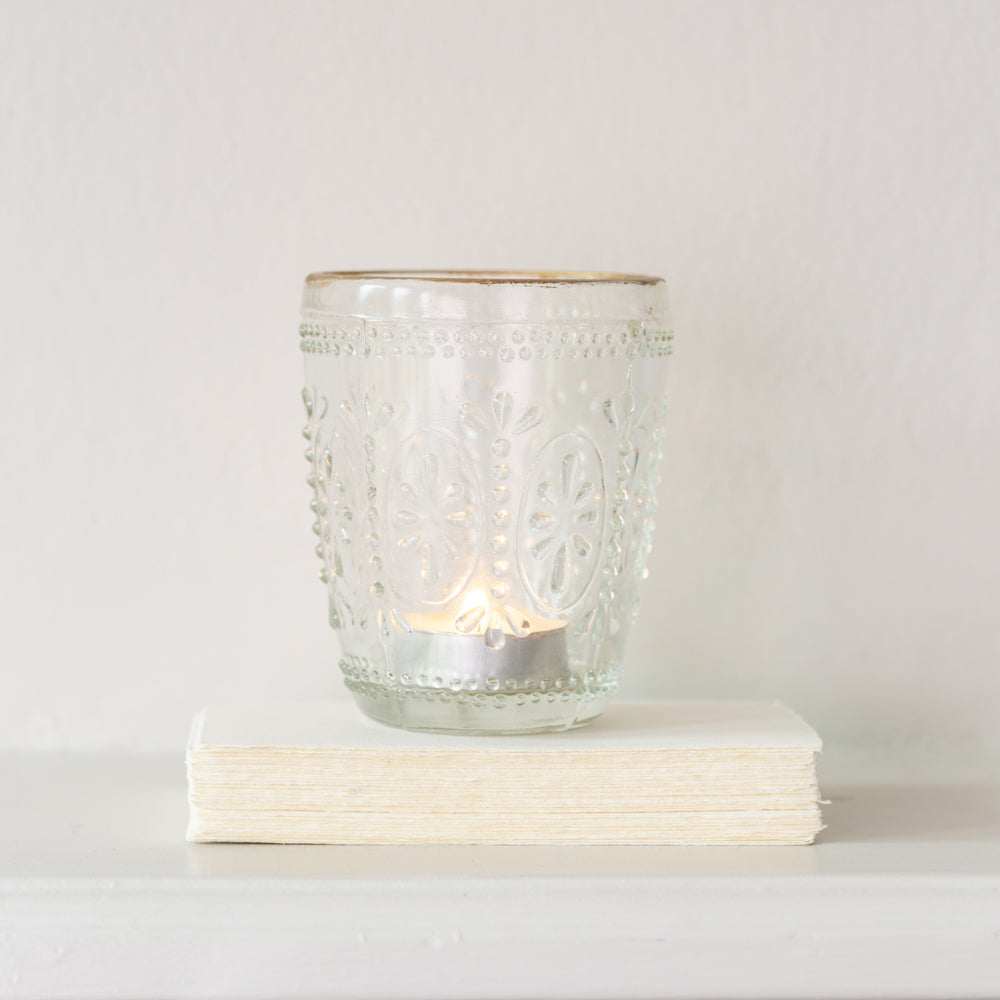 greige Pressed Glass Tealight Holder with Gold Rim - Flower