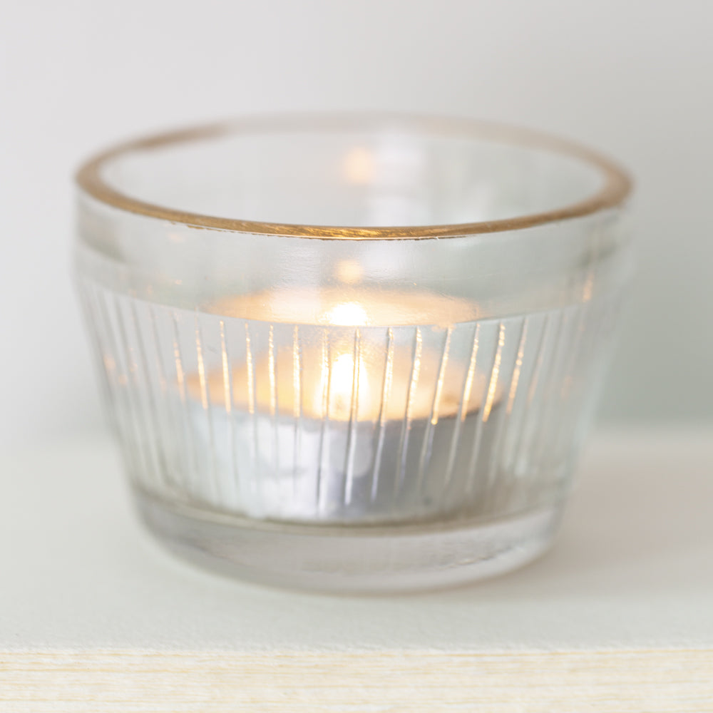 Greige Pressed Glass Tealight Holder With Gold Rim - Small - Ribbed