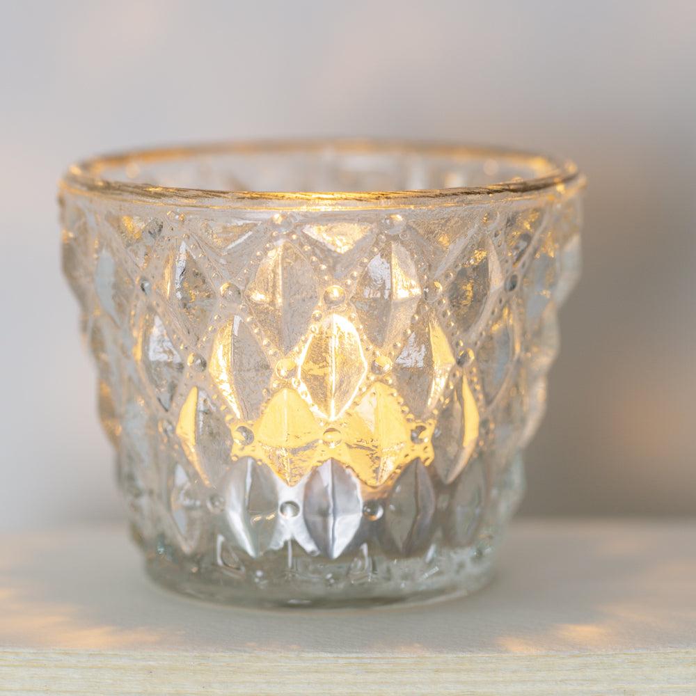 Greige Pressed Glass Tealight Holder With Gold Rim - Small - Diamond