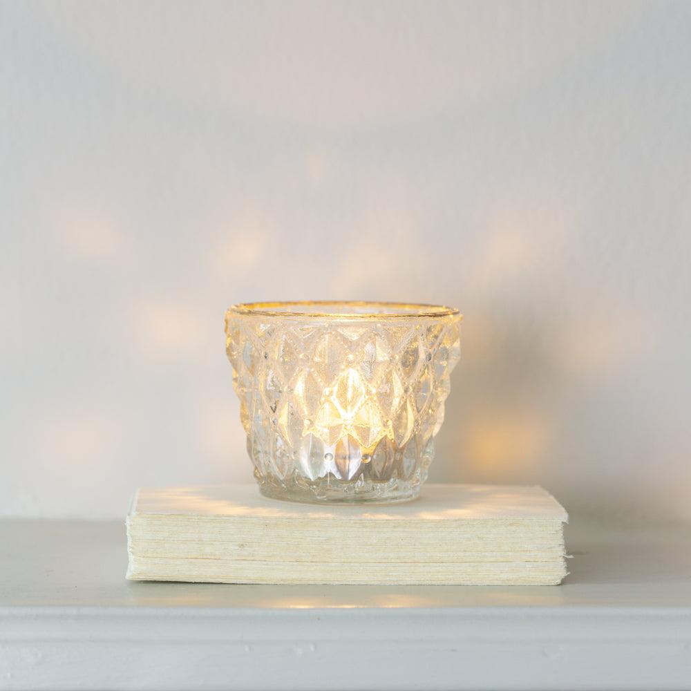 greige Pressed Glass Tealight Holder with Gold Rim - Small - Diamond