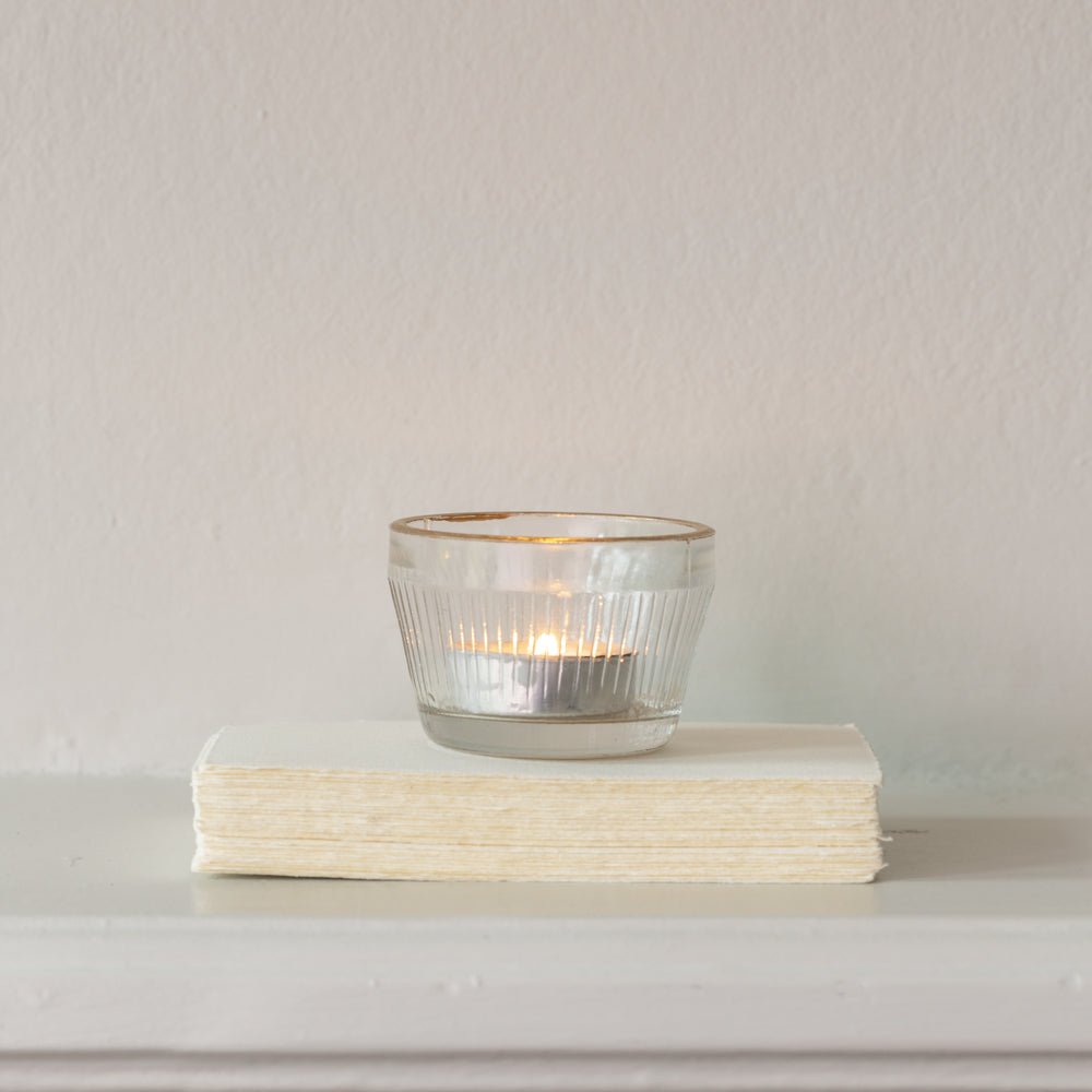 greige Pressed Glass Tealight Holder with Gold Rim - Small - Ribbed