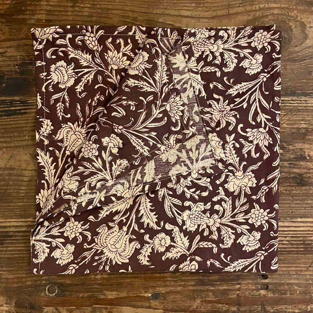 Greige Printed Cotton Napkin - Flower - Dark Red - Set Of Six - Boncoeurs