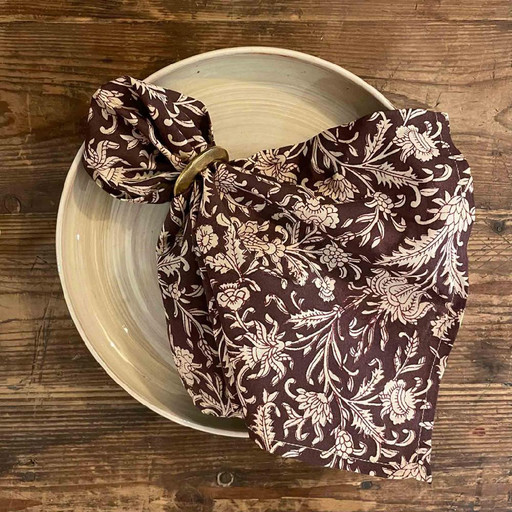 greige Printed Cotton Napkin - Flower - Dark Red - Set of Six - Boncoeurs