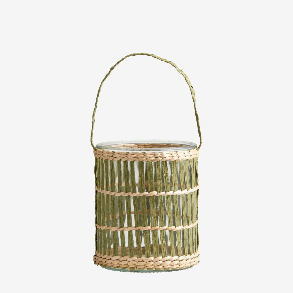 Greige Rattan And Glass Lantern - Green - Two Size Options