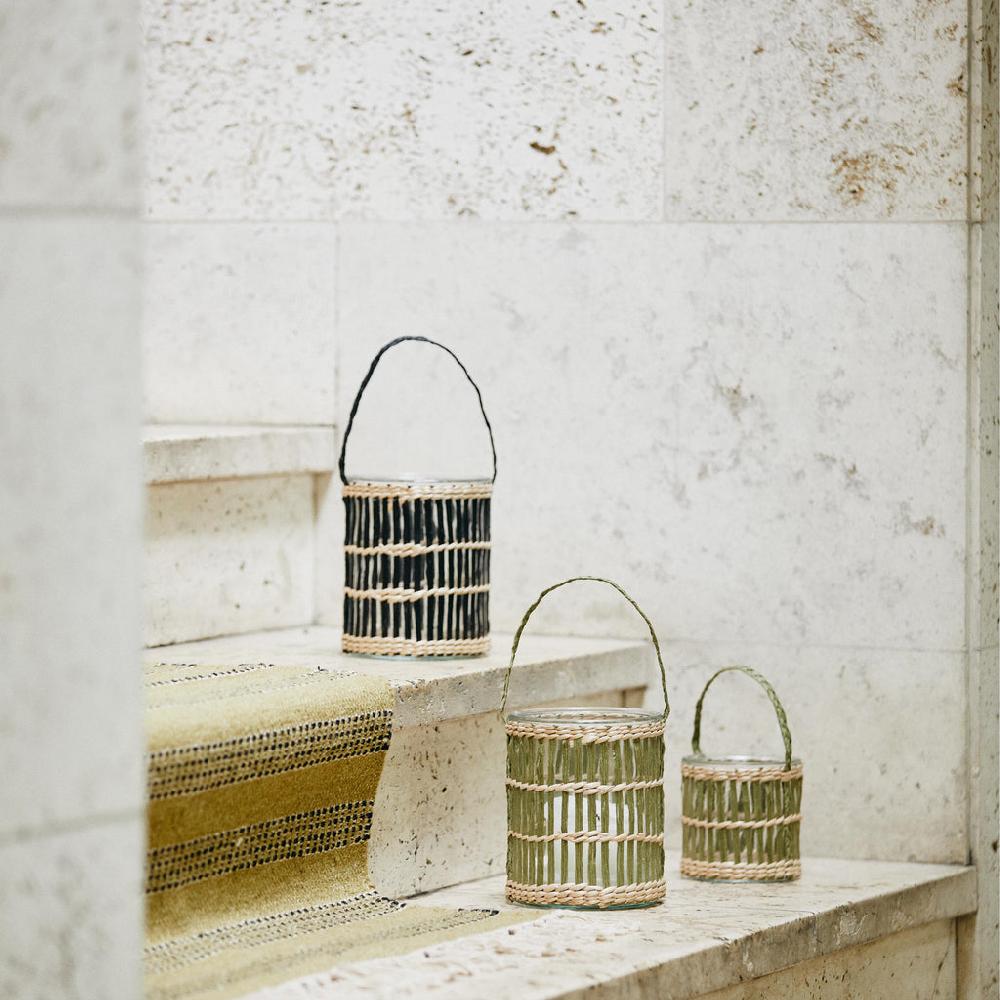 greige Rattan and Glass Lantern - Green - Two Size Options