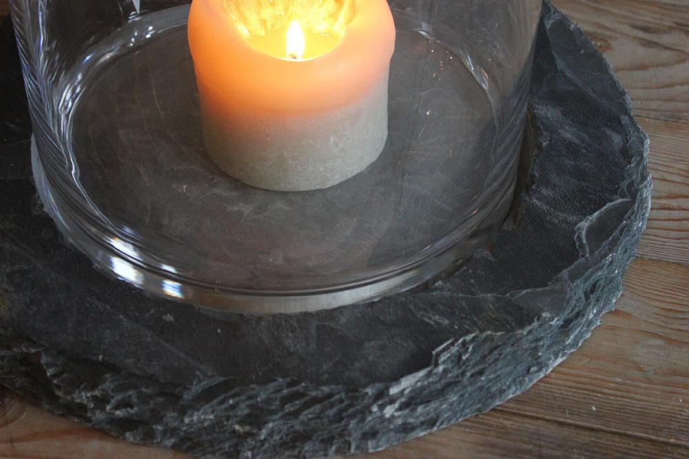 Greige Raw Hand Cut Slate Base With Mouth Blown Glass Hurricane - Two Colours - Two Sizes