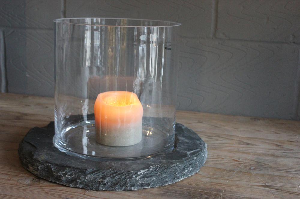 Greige Raw Hand Cut Slate Base With Mouth Blown Glass Hurricane - Two Colours - Two Sizes
