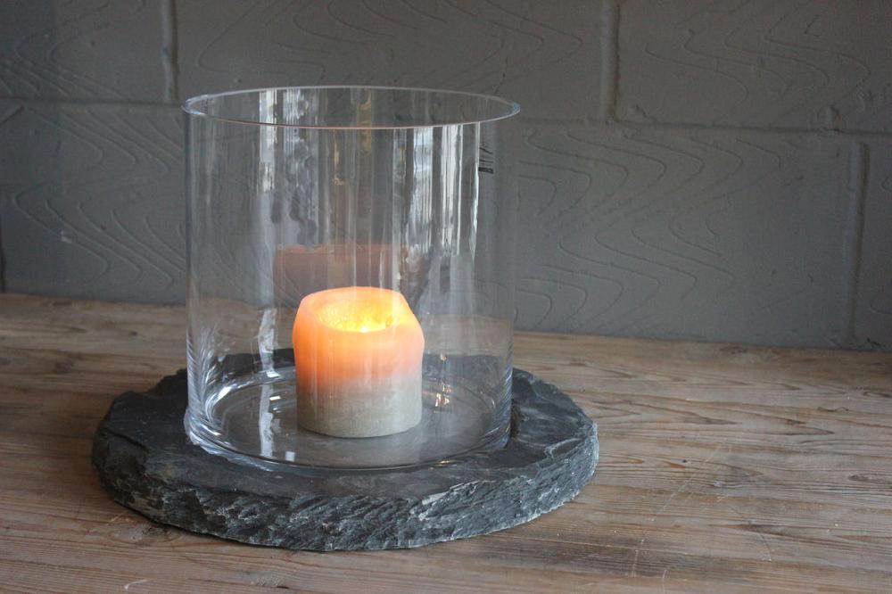 Greige Raw Hand Cut Slate Base With Mouth Blown Glass Hurricane - Two Colours - Two Sizes