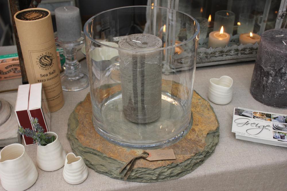 greige Raw Hand Cut Slate Base with Mouth Blown Glass Hurricane - Two Colours - Two Sizes