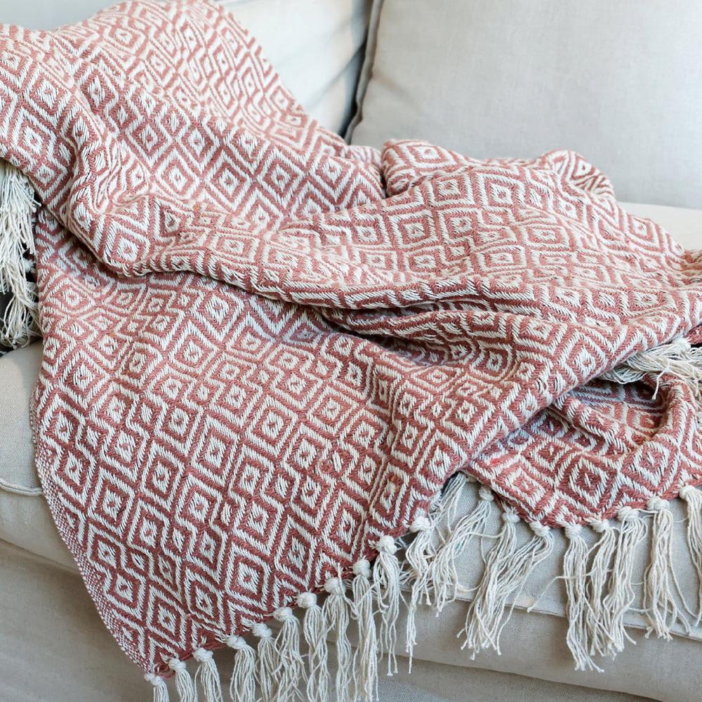Greige Recycled Cotton Throw - Raspberry Gingham Or Rose Diamond