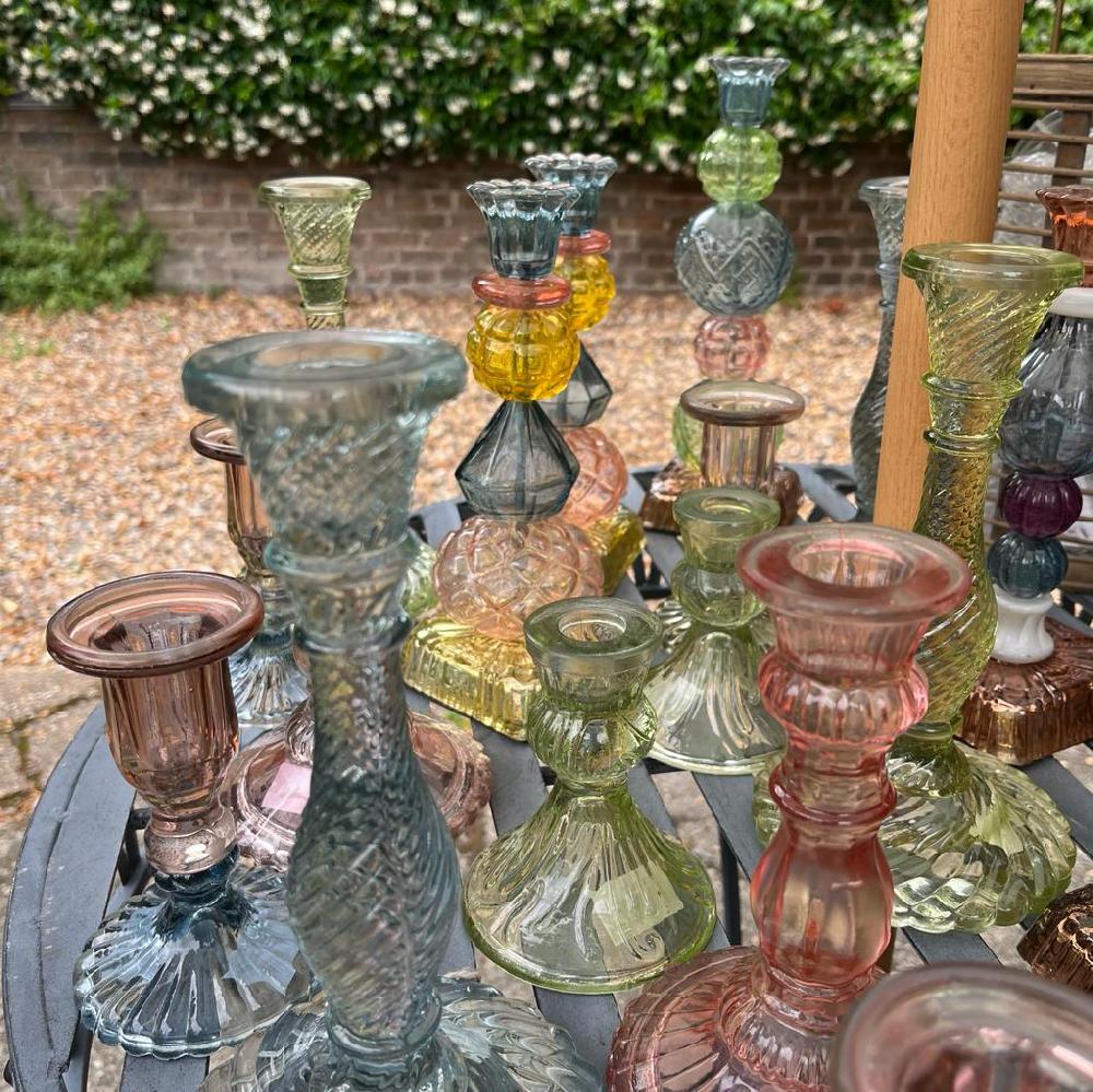 Greige Recycled Glass Candlestick - H 11cm - Dusty Green Or Dusty Blue