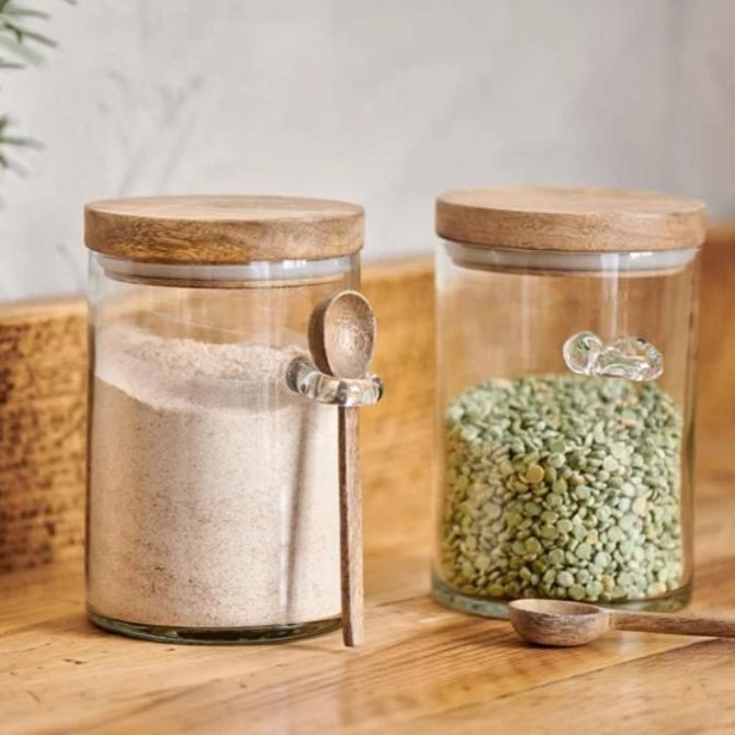 Greige Recycled Glass Storage Jar With Wooden Lid And Spoon