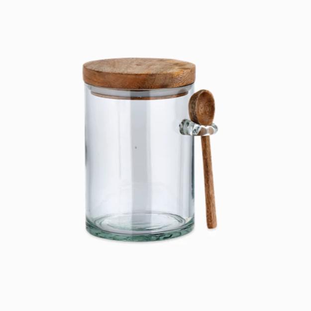 Greige Recycled Glass Storage Jar With Wooden Lid And Spoon