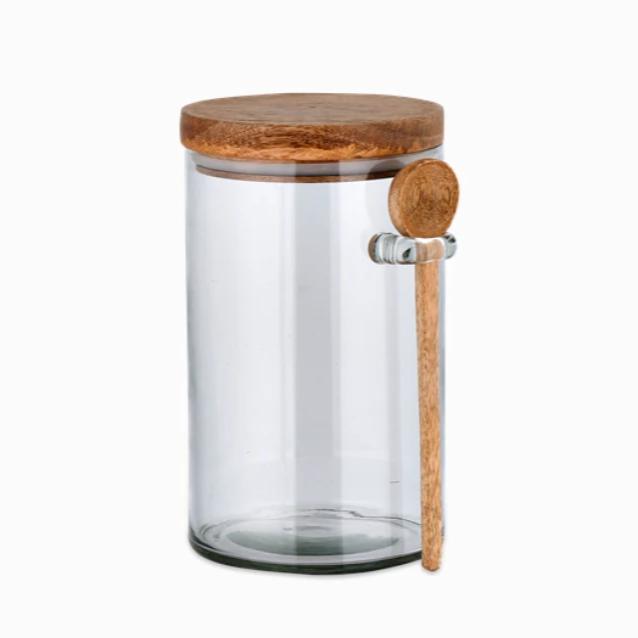 Greige Recycled Glass Storage Jar With Wooden Lid And Spoon