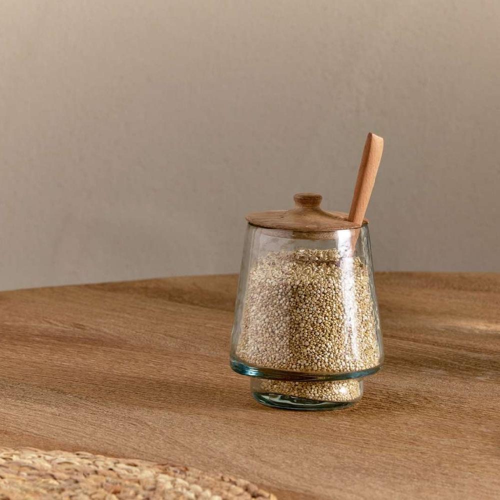 greige Recycled Glass Storage Jar with Wooden Lid and Spoon