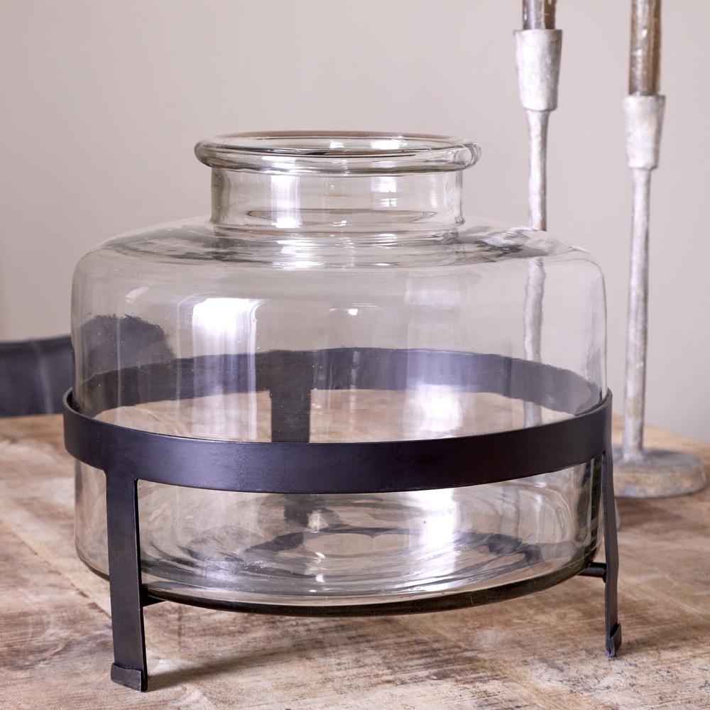 Greige Recycled Glass Vase With Hammered Finish And Iron Stand