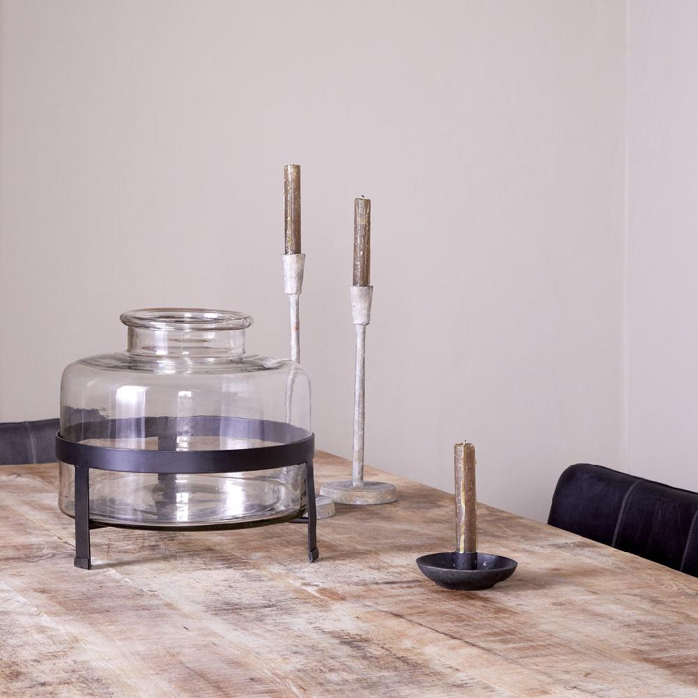 Greige Recycled Glass Vase With Hammered Finish And Iron Stand