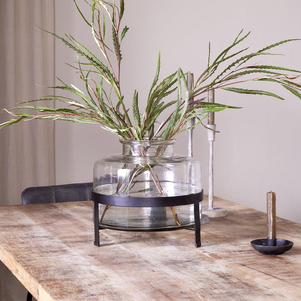 greige Recycled Glass Vase with Hammered Finish and Iron Stand