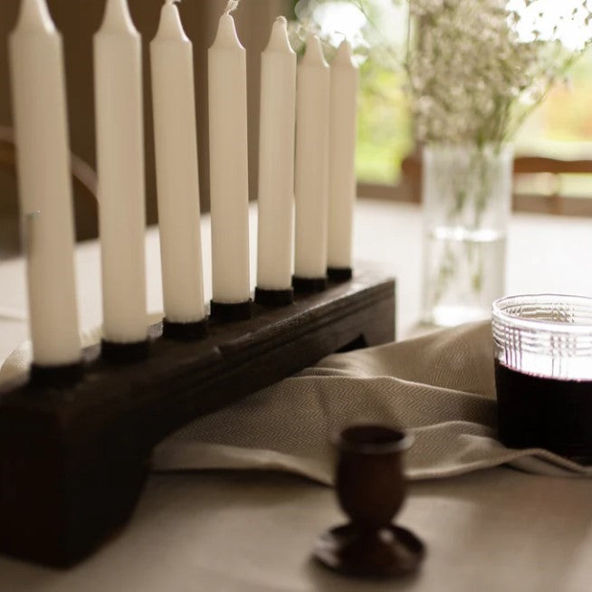 Greige Recycled Wood And Iron Candle Holder For 7 Dinner Candles