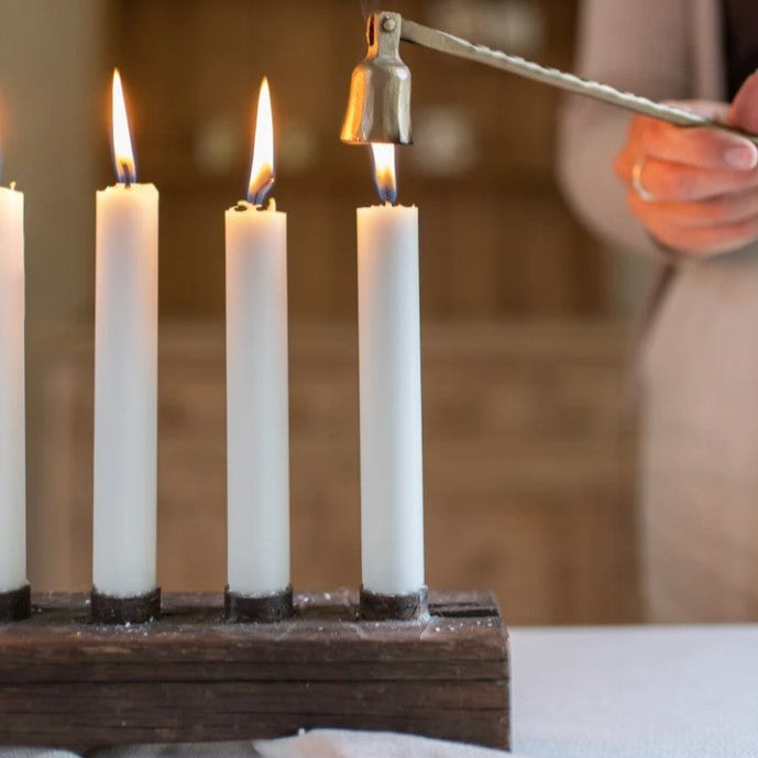 Greige Recycled Wood And Iron Candle Holder For 7 Dinner Candles