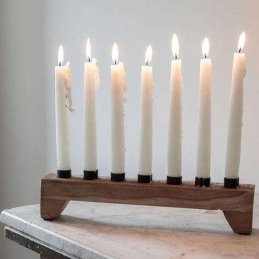 Greige Recycled Wood And Iron Candle Holder For 7 Dinner Candles