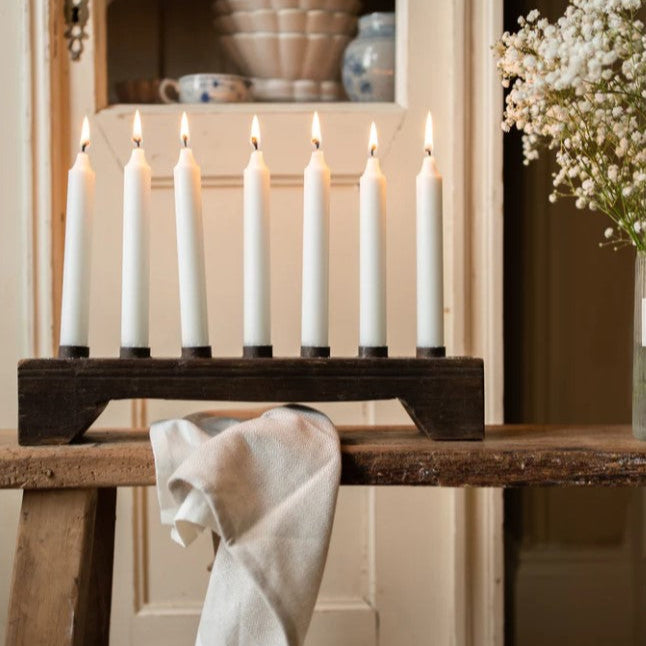 greige Recycled Wood and Iron Candle Holder for 7 Dinner Candles