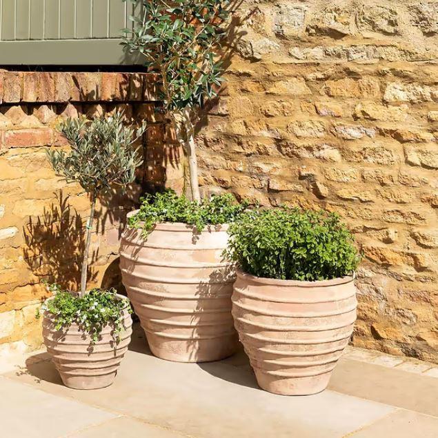 greige Ribbed Beehive Shape Terracotta Planter - Skopelos - Three Size Options