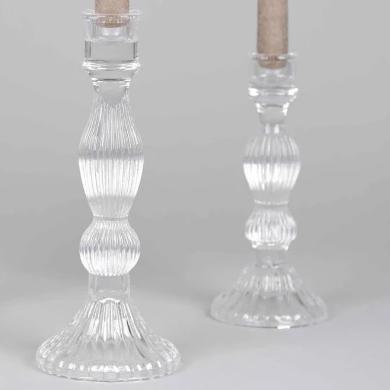 Greige Ribbed Clear Glass Candlestick For Dinner Or Taper Candle - Two Sizes