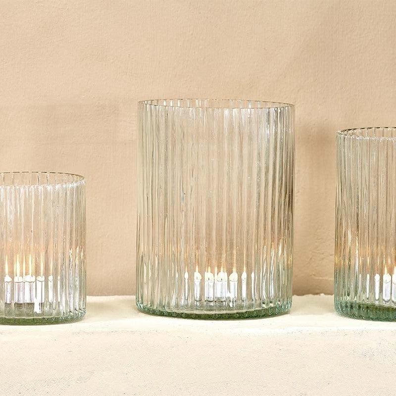 Greige Ribbed Recycled Glass Tealight Holder - Three Sizes